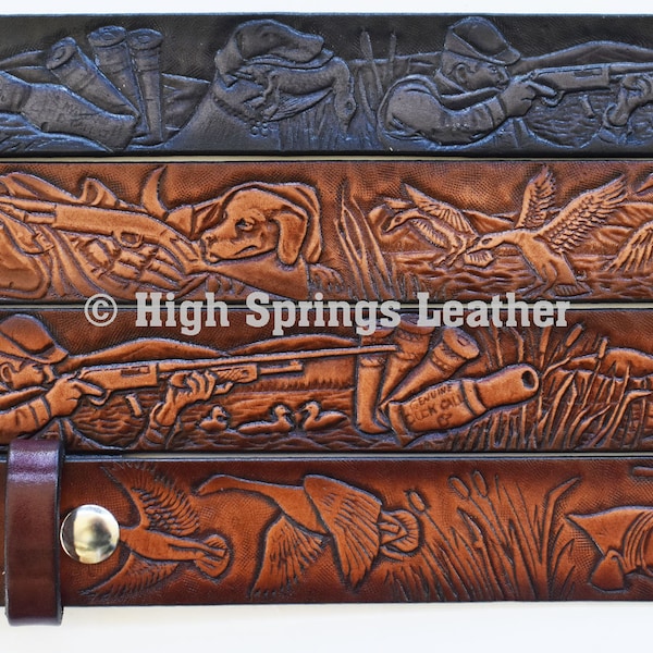 Leather Belt - Duck Hunting Embossed Design Brown Leather Belt Made in USA for Men and Women