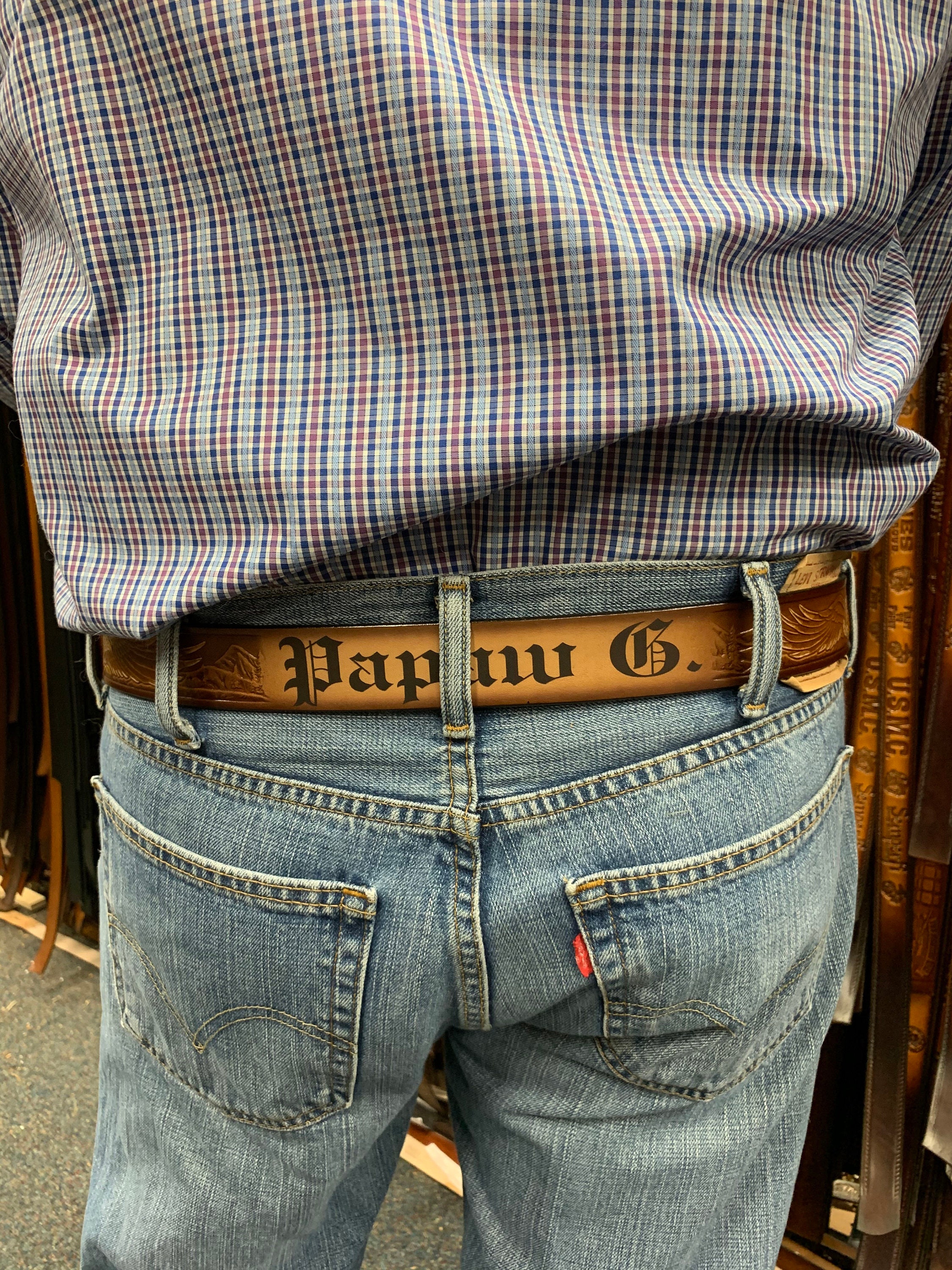 Name Belt 927 - Western Designed Brown Leather Belt Custom Name Belt 927 - Western Designed Brown Leather Belt Custom