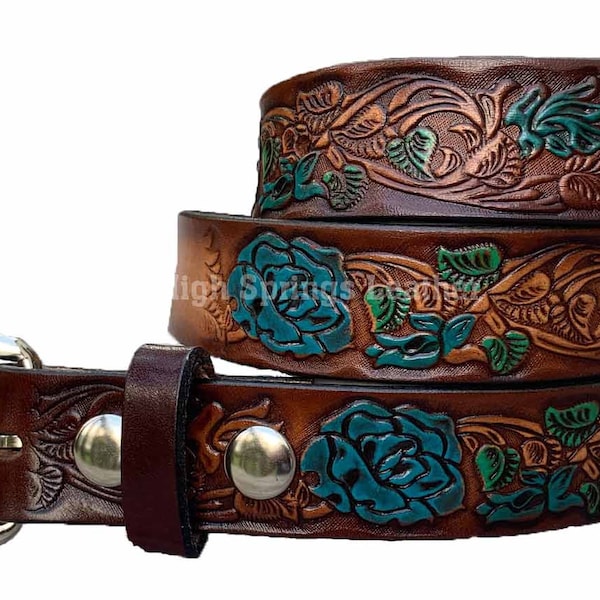 Kid Name Belt - Turquoise Rose Brown Leather Belt Custom Engraved for boys and girls