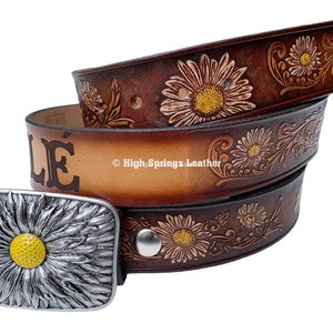 Name Belt - Daisy Flower Hand Painted Leather Belt with custom buckle belt engraved for Men and Women