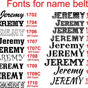 May include: A graphic showing different font styles for the name "Jeremy" with corresponding font numbers. The fonts are in black and white and include options for all caps and lowercase letters.