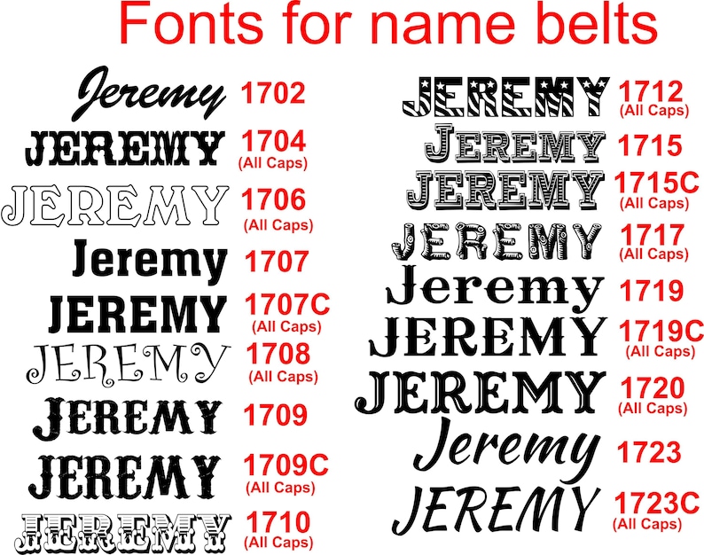 May include: A graphic showing different font styles for the name "Jeremy" with corresponding font numbers. The fonts are in black and white and include options for all caps and lowercase letters.