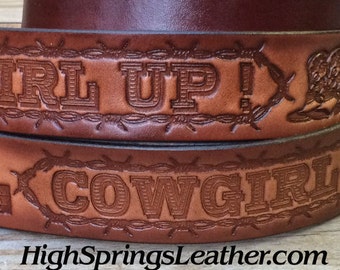 Name Belt - Cowgirl Up Brown Leather Belt Custom Engraved for Women