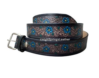 Roris Painted Beltz Hand Painted Black and Blue Leather Belt  display picture 1