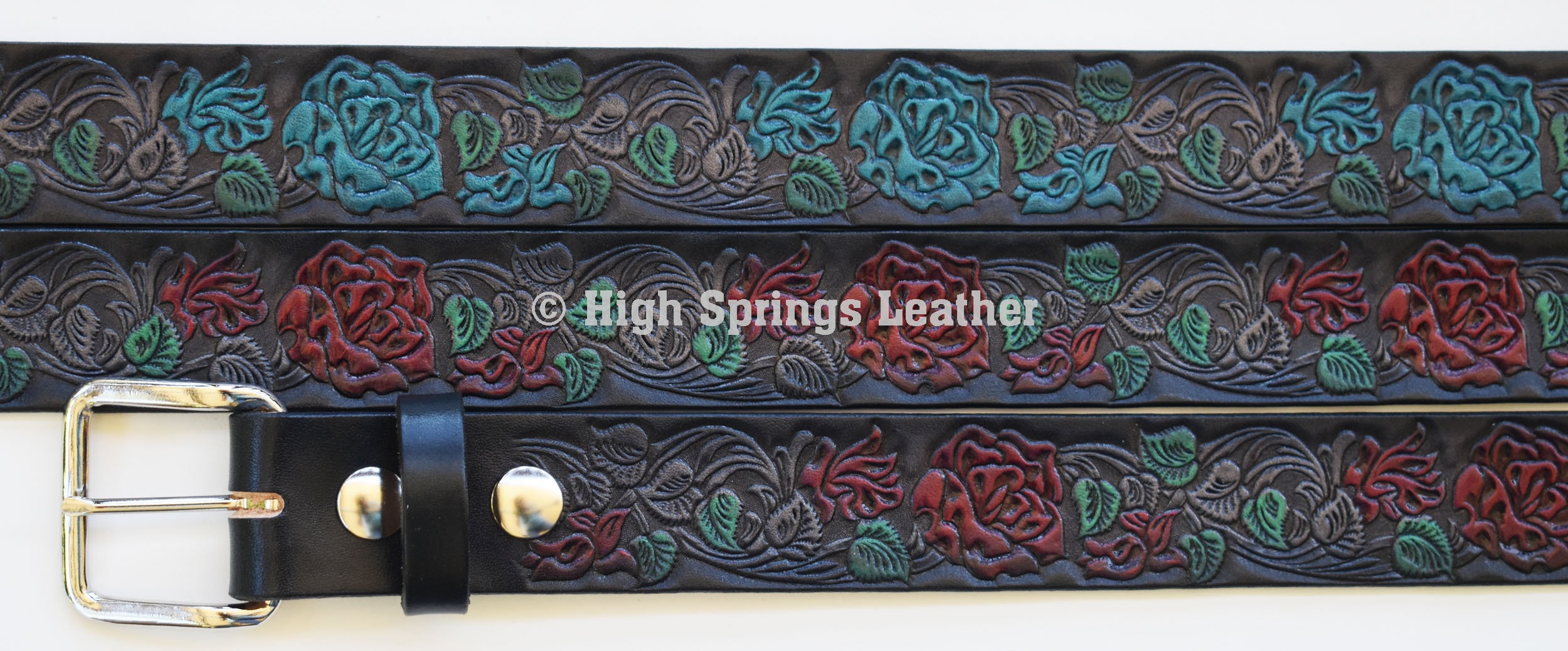 Hand Painted Roses Leather Belt - Full Grain Cowhide, Made 