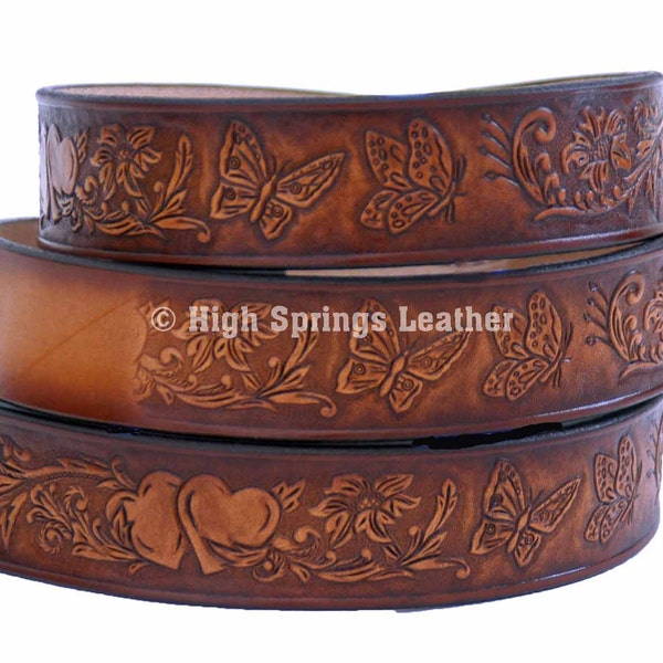 Name Belt - Heart and Butterfly Brown Leather Belt Custom Engraved for Women