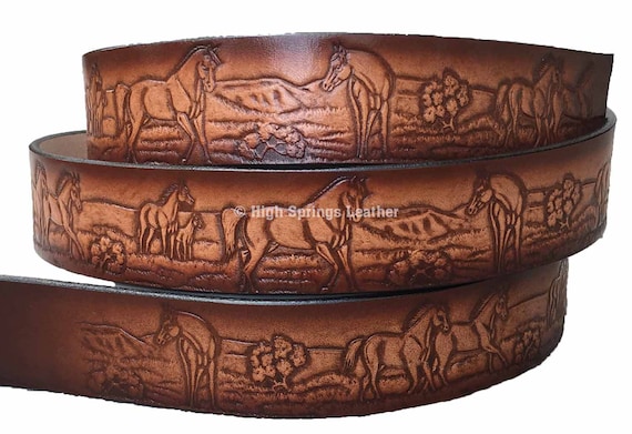 Handcrafted Brown Leather belt buckle Horse Motif Tooled Leather Horse Buckle on Brown and Silver Leather  main image 4