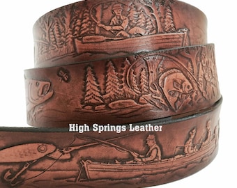 Fishing Brown Leather Belt; Custom Engraved for Men and Women Made in USA