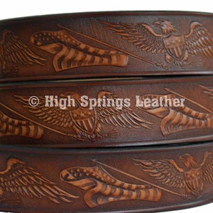 Name Belt - Eagle and American Flag Brown Leather Belt Custom Engraved for Men and Women