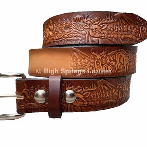 Name Belt - Deer Embossed Brown Leather Belt Custom Engraved for Men and Women