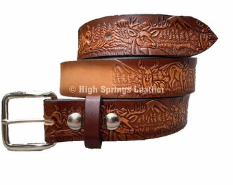 Cinturón personalizado - Cinturón de cuero marrón con relieve de ciervo, grabado a medida para hombres y mujeres.