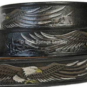 Name Belt - Eagle Hand Painted Gray and Black leather belt 107 Custom Engraved For Men and Women