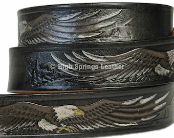 Name Belt - Eagle Hand Painted Gray and Black leather belt 107 Custom Engraved For Men and Women