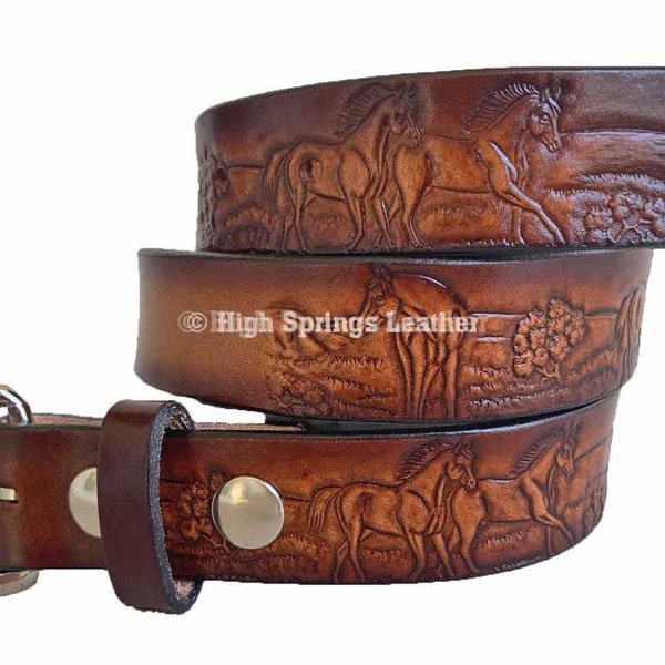 Kid Name Belt Horse Embossed Brown Leather Belt Custom Engraved for boys and girls