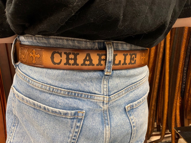 Name Belt Western Cross Brown Leather Belt Custom Engraved Etsy