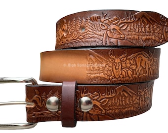 Custom Engraved Leather Kid Belt: Deer Embossed Design, Made in USA