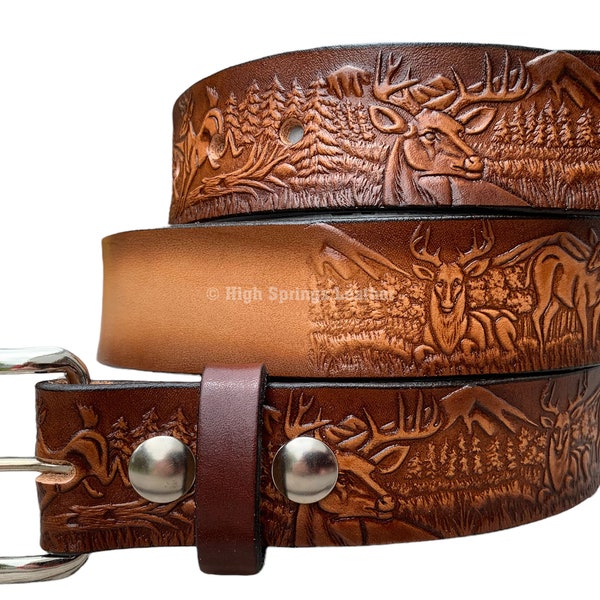 Kid Name Belt - Deer Embossed Brown Leather Belt Custom Engraved for Boys and Girls