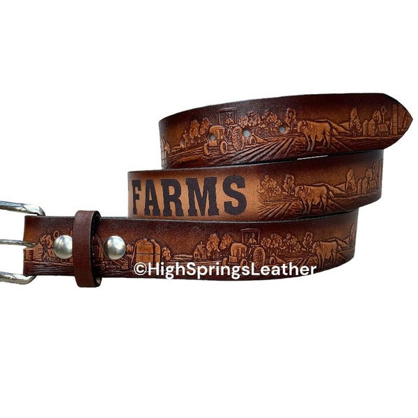 Farming Embossed Brown Leather Belt; Custom Engraved for Men and Women Made in USA