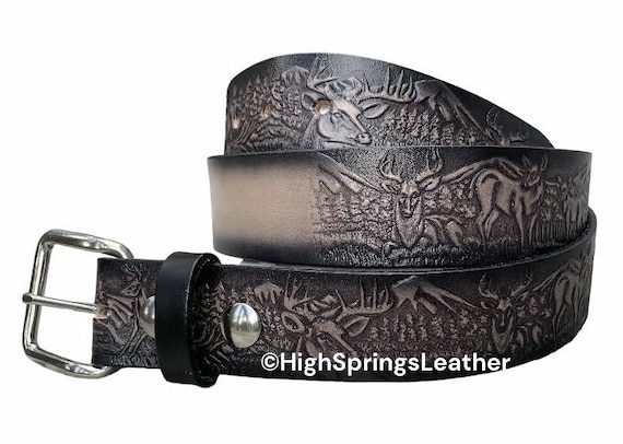 Deer Embossed Leather Belt: Custom Engraved Gray & Black  display picture 1