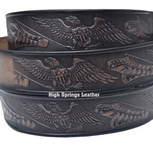 Name Belt - Eagle and American Flag Gray and Black Leather Belt Custom Engraved for Men and Women