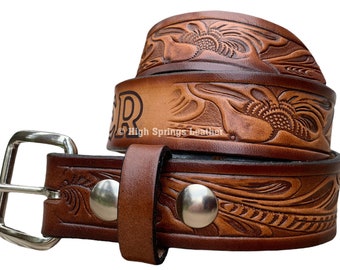 Kid Name Belt - Western Embossed 929 Brown Leather Belt Custom Engraved for boys and girls