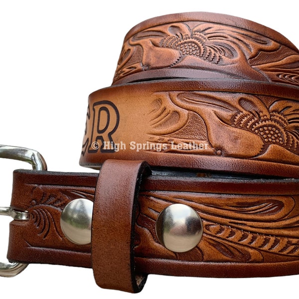 Kid Name Belt - Western Embossed 929 Brown Leather Belt Custom Engraved for boys and girls