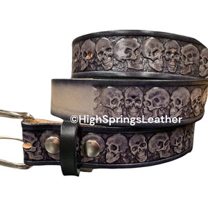 Name Belt - Skulls Embossed on Gray and Black Leather Belt Custom Engraved for Men and Women