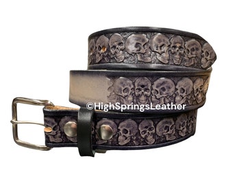 Name Belt - Skulls Embossed on Gray and Black Leather Belt Custom Engraved for Men and Women