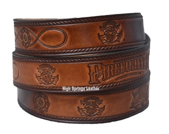 American Firefighter Full Grain Leather Belt; Custom Engraved Name Belt Made in USA