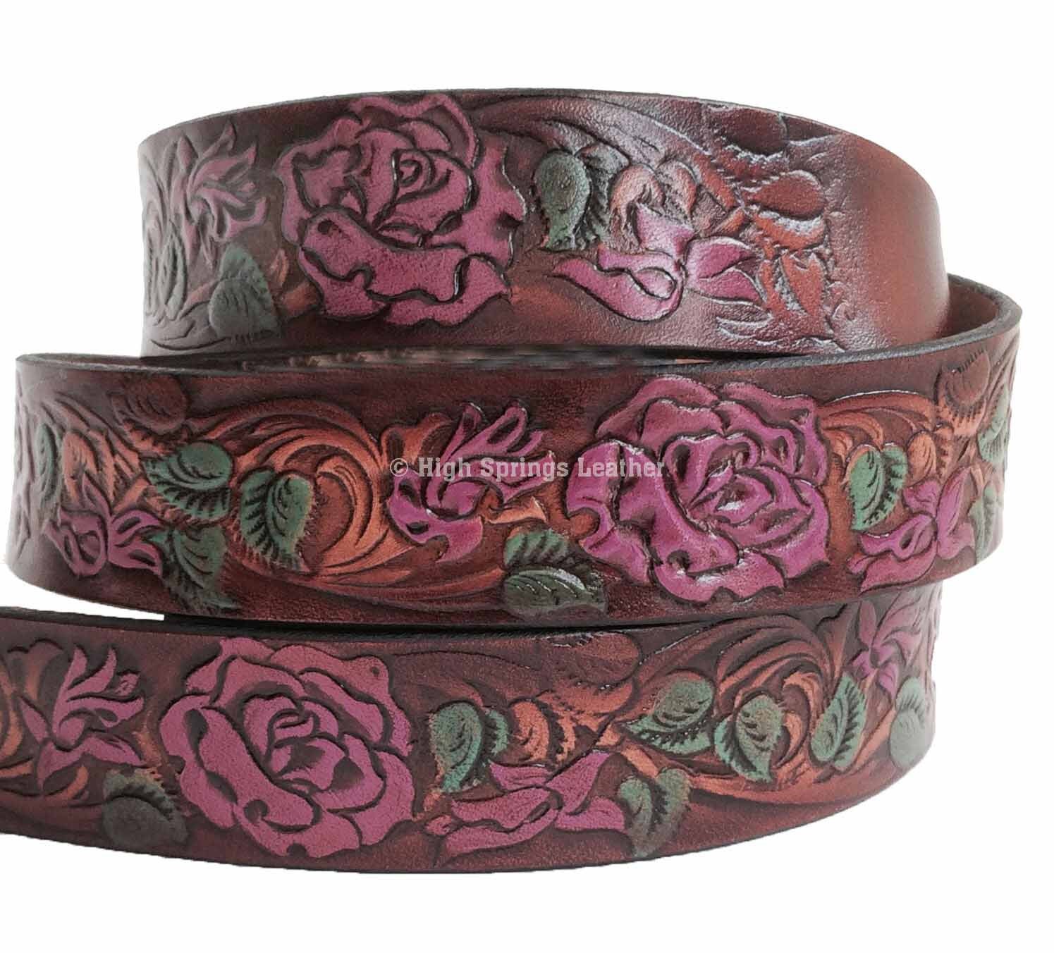 Etched Genuine Leather Belt with Stunning Rose Gold Bejeweled Buckle Buy Belt With Rose Gold Buckle | LeatherBeltsOnline.com main image 2