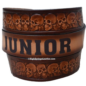 Name Belt - Skulls Embossed on Brown Leather Belt Custom Engraved for Men and Women