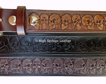 Skull Embossed Leather Belt: Full Grain Cowhide, USA Made