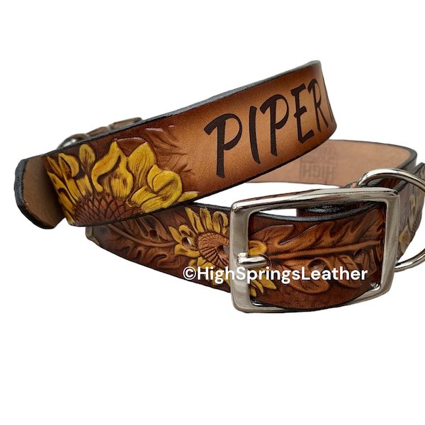 Leather Dog Collar - Sunflower hand painted design with name engraved