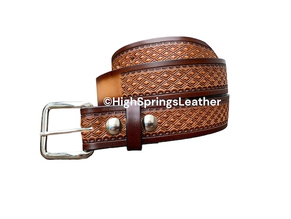 Diamond Embossed Brown Leather Belt: Custom Engraved for Men  display picture 1