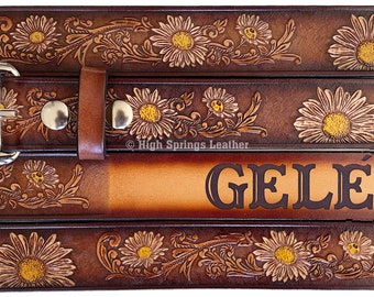 Name Belt - Hand Painted Daisy Leather Belt custom engraved for men and women