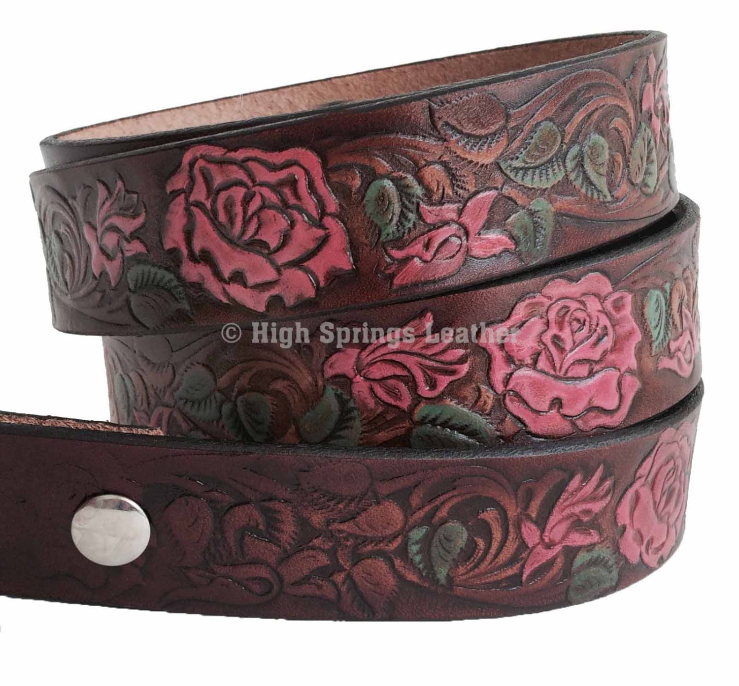 Vintage Handmade Hand-Painted Floral Leather Studded Belt — Brown with Red Roses 84910.jpg main image 2