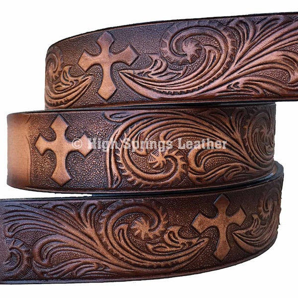 Kid Name Belt Western Cross Embossed Brown Leather Belt Custom Engraved for Boys and Girls