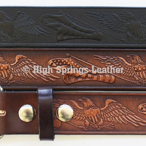 Embossed Leather Belt: Eagle and American Flag, Full Grain Cowhide