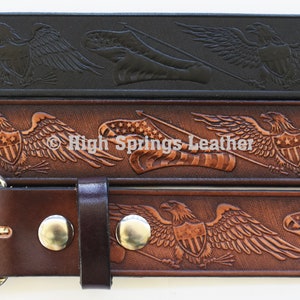 Leather Belt - Eagle and American Flag Embossed Leather in Brown or Black Made for Men and Women