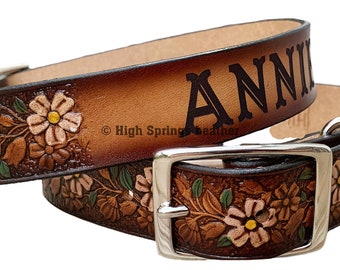 Leather Dog Collar - Tropical Flower hand painted design with name engraved