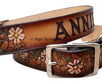 Leather Dog Collar - Tropical Flower hand painted design with name engraved