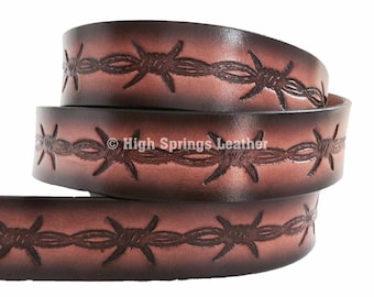 Name Belt - Barbed Wire Brown Leather Belt Custom Engraved for Men and Women