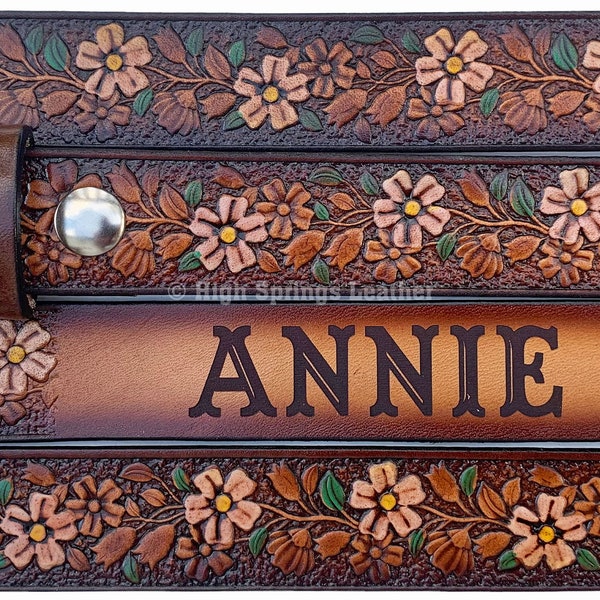 Kid Name Belt - Tropical Flower Brown Leather Belt Custom Engraved for Men and Women