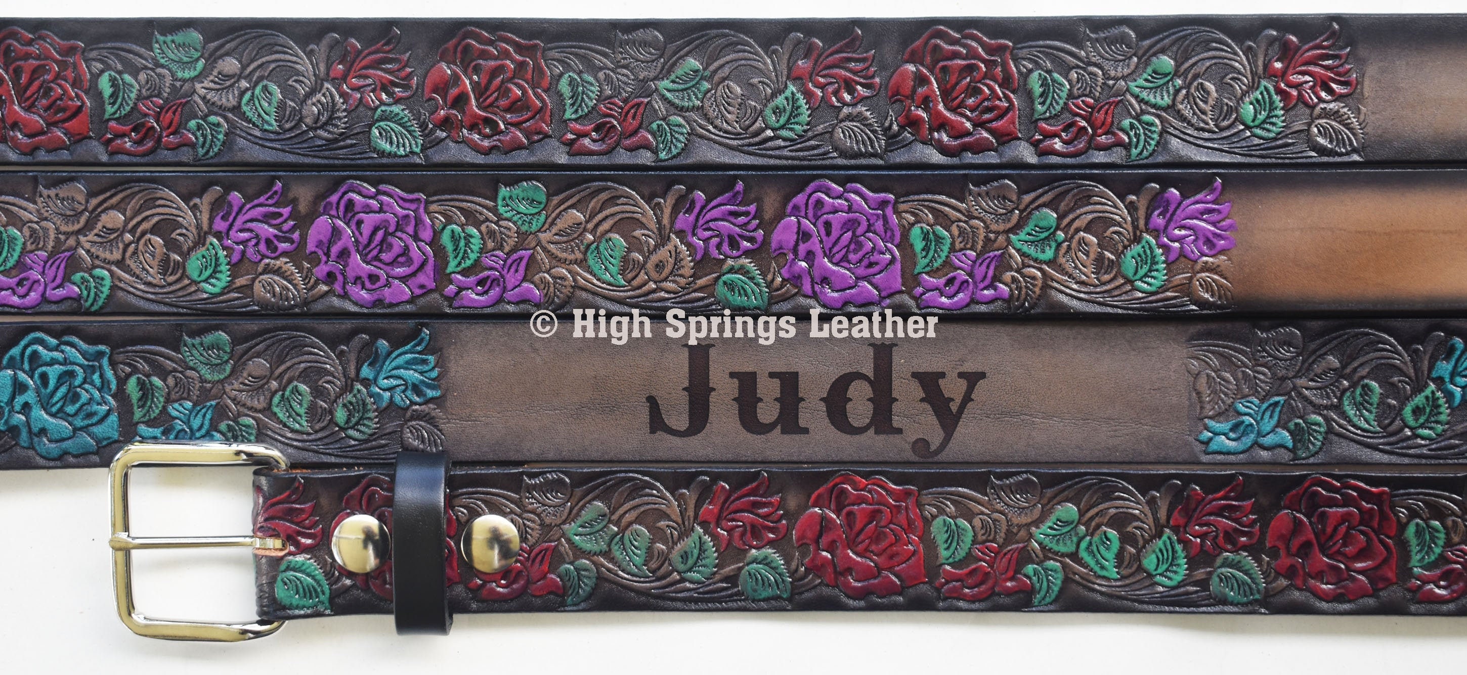 Hand Painted Rose Leather Belt: Custom Engraved Name Belt - Etsy display picture 1