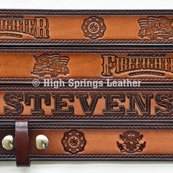 Name Belt - American Firefighter Brown Leather Belt Custom Engraved for Men and Women