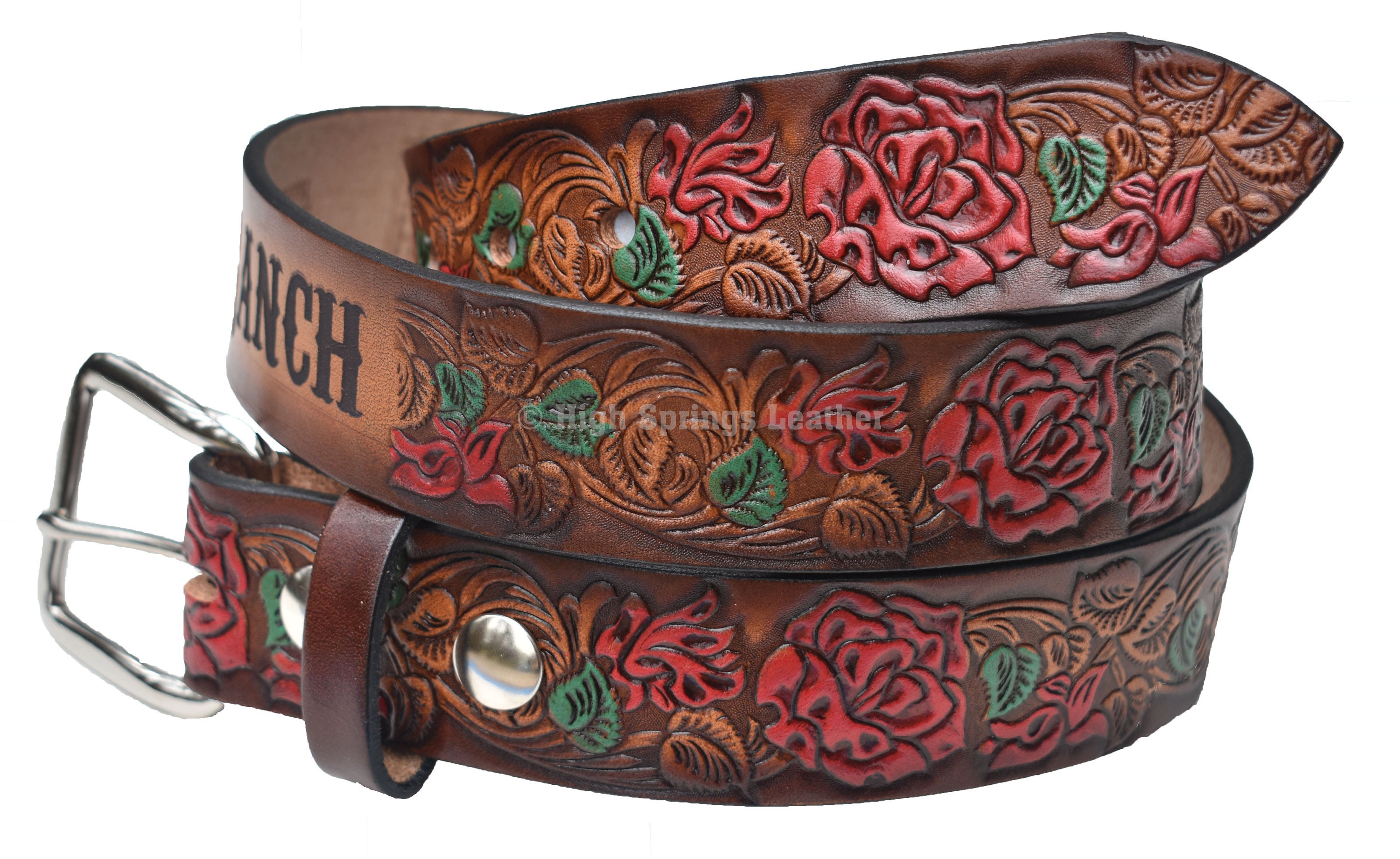 Name Belt - Brown Leather Hand Painted Roses Custom Engraved  display picture 2
