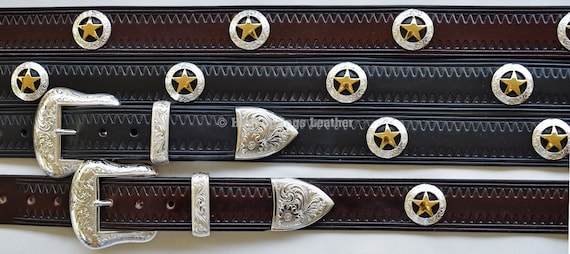 Embossed Leather Belt: Silver & Gold Star Conchos, 3-piece  display picture 1
