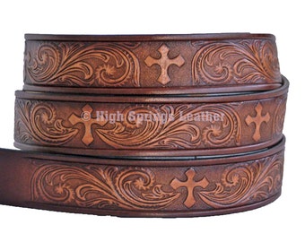 Name Belt - Western Cross Brown Leather Belt Custom Engraved for Men and Women