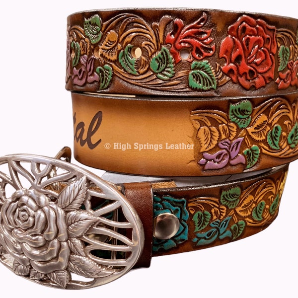 Name Belt - Brown Leather Hand Painted Roses with Rose Buckle Custom Engraved for Men and Women