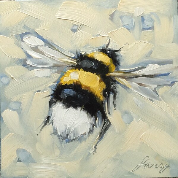 Bumblebee painting, Original impressionistic oil painting of a Bumblebee,  4x4" on panel, bee art, bees, garden art